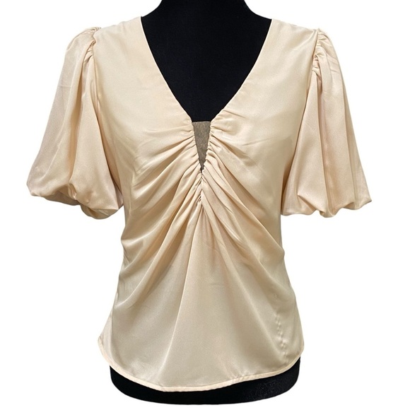 ASTR Satin Puff Sleeve Ruched Deep V Blouse Champagne Boho Top Small NWT - Picture 3 of 10